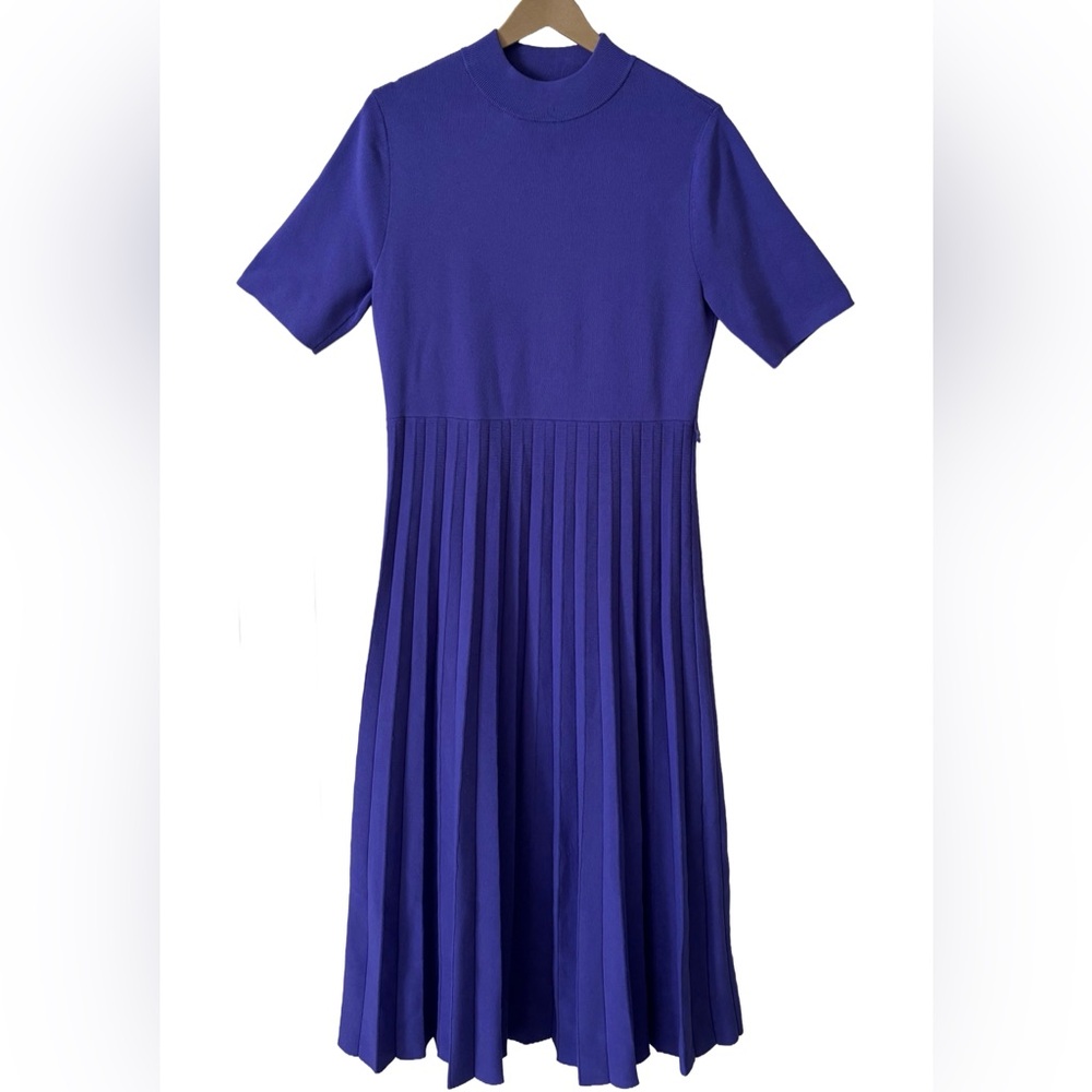 Ann Taylor Pleated Short-Sleeve Dress in Royal Purple